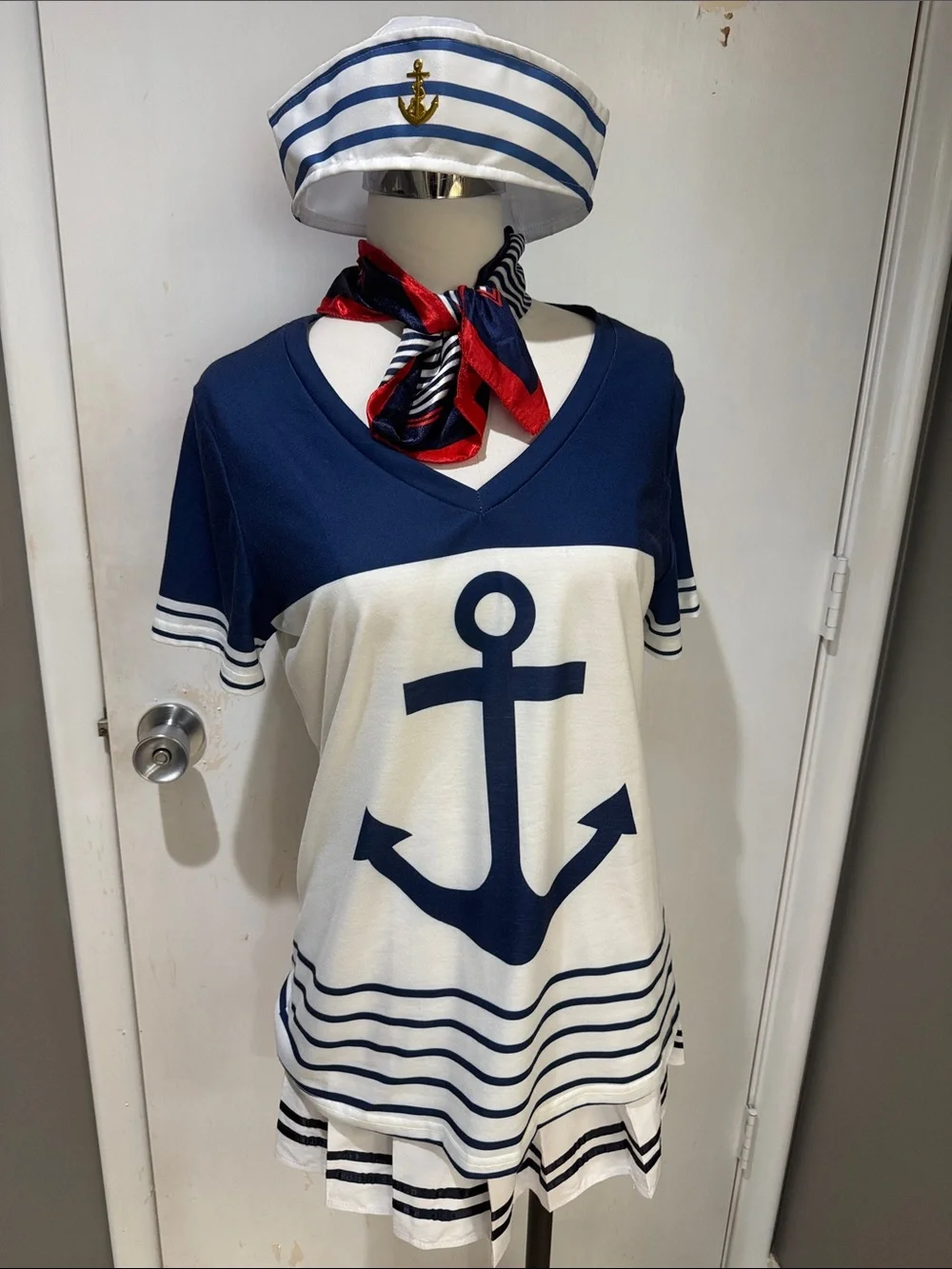 Nautical Anchor V-Neck Tunic Top - Navy and White, Har, Skirt & Scarf